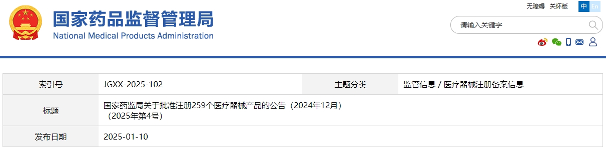 國家藥監(jiān)局關于批準注冊259個醫(yī)療器械產(chǎn)品的公告（2024年12月）(圖1)